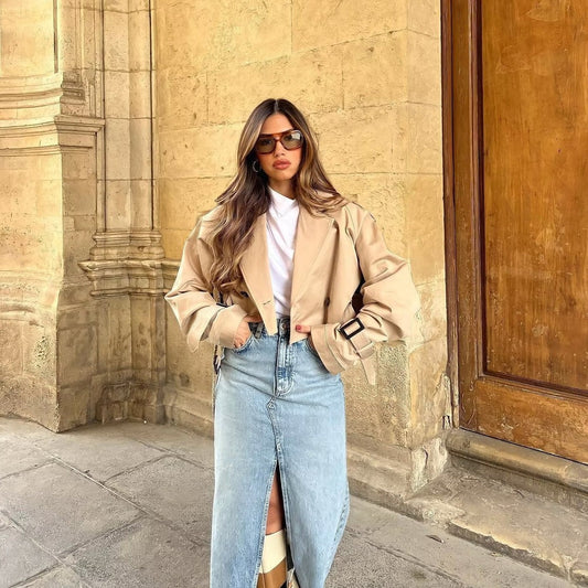 Abrigo Corto Beige Mujer Elegante - Vestiria