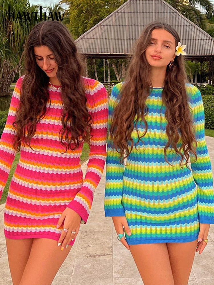 Vestido Rayas Elegante Manga Larga Mujer - Vestiria