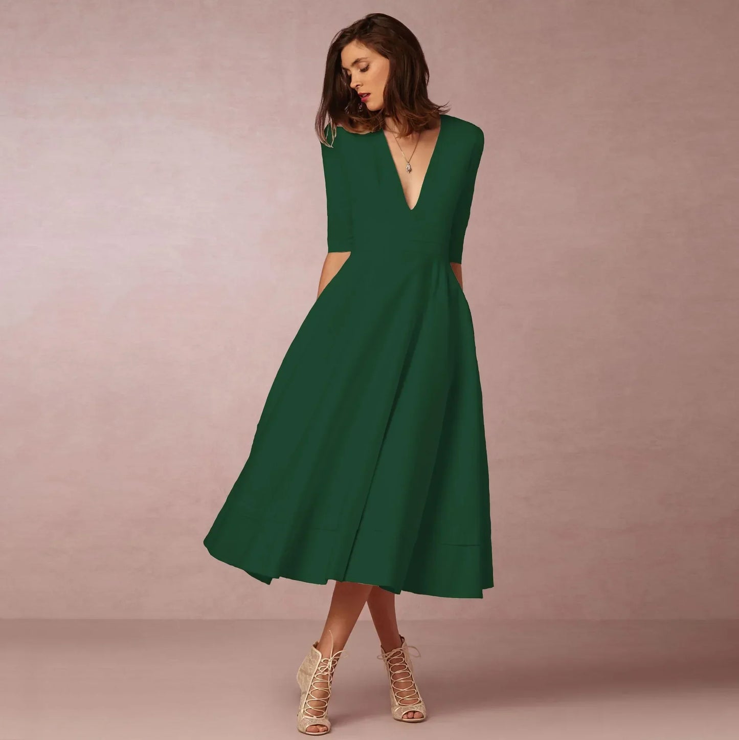 Vestido Mujer Midi Elegante con Mangas Cortas
