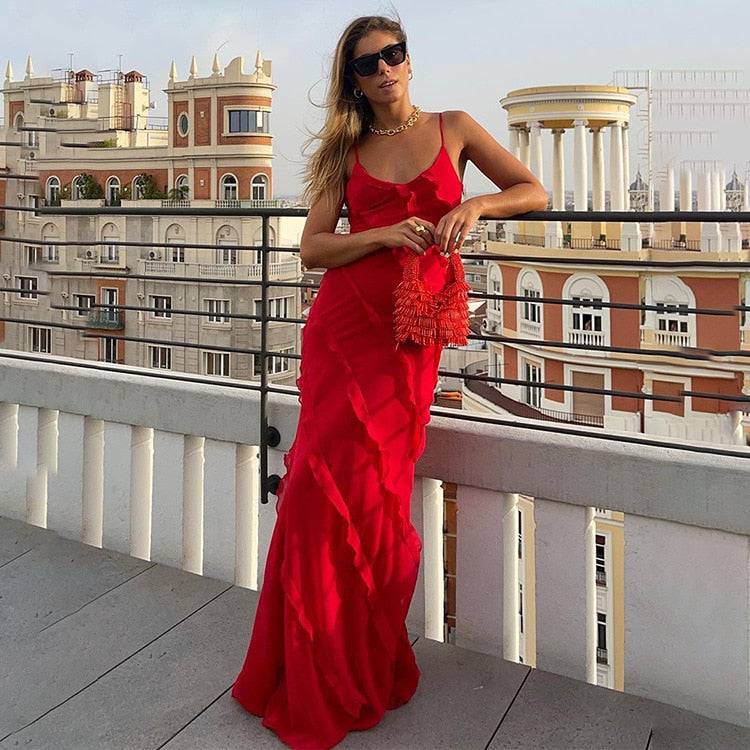 Vestido Maxi Mujer con Volantes y Escote en V Elegante - Vestiria