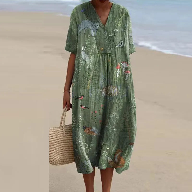 Vestido Florido Escote en V Feminino