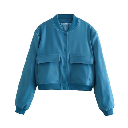 Chaqueta Mujer Corta Cierre Botones Estilo Urbano