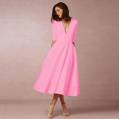 Vestido Mujer Midi Elegante con Mangas Cortas