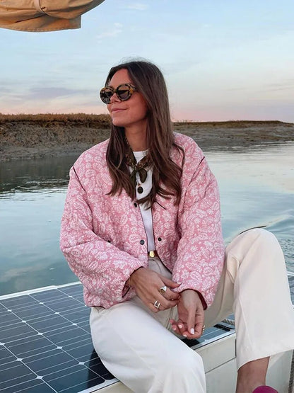 Chaqueta acolchada rosa estampada femenina - Vestiria