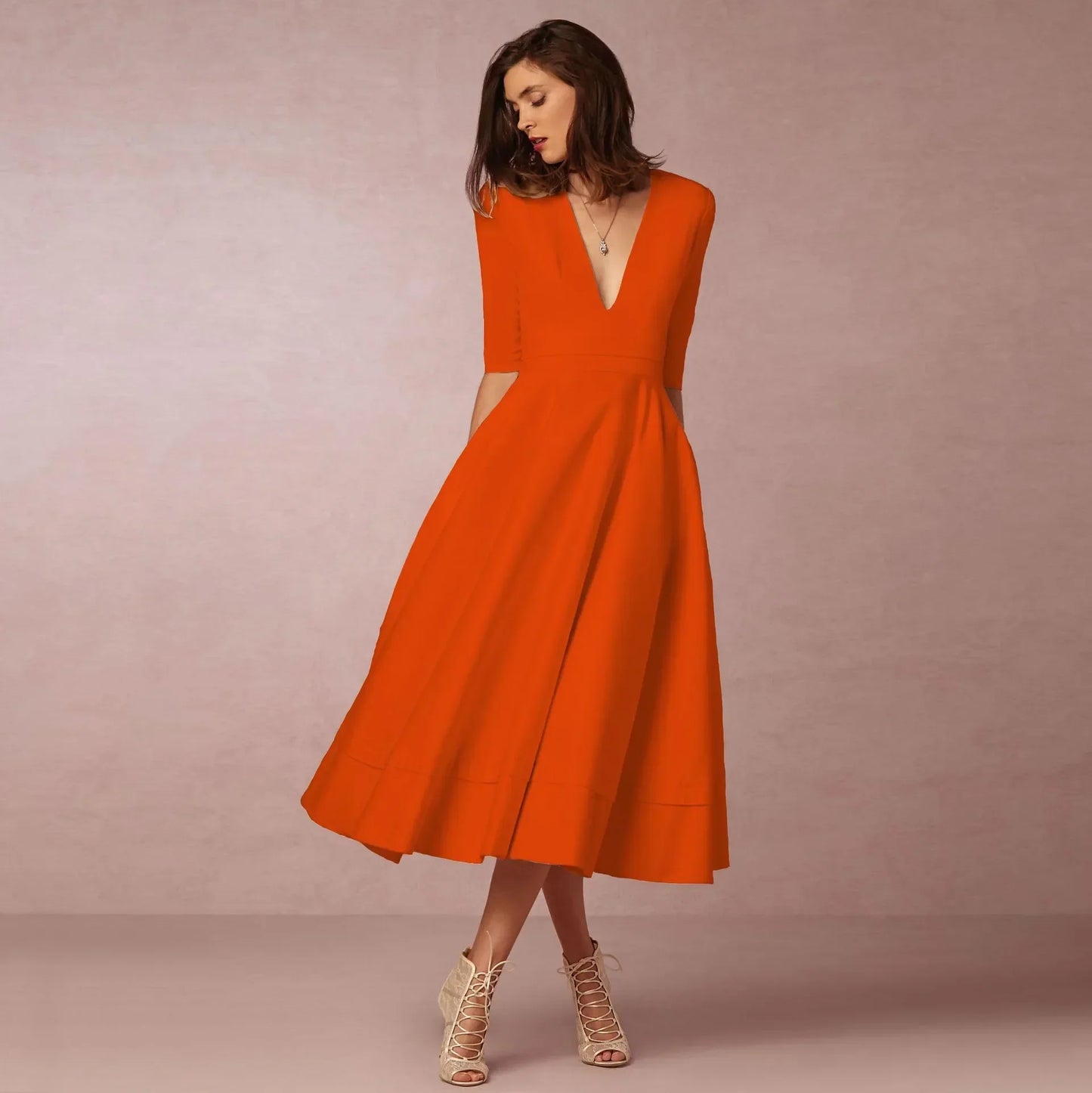 Vestido Mujer Midi Elegante con Mangas Cortas