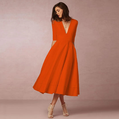 Vestido Mujer Midi Elegante con Mangas Cortas