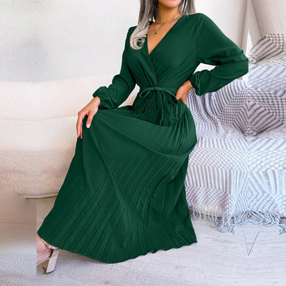 Vestido Largo Plisado Escote V Mujer Elegante