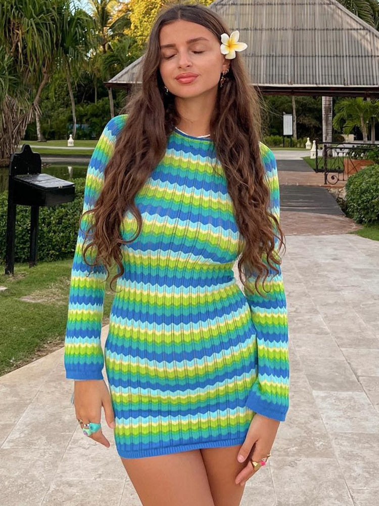 Vestido Rayas Elegante Manga Larga Mujer