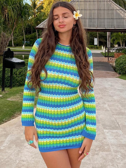 Vestido Rayas Elegante Manga Larga Mujer