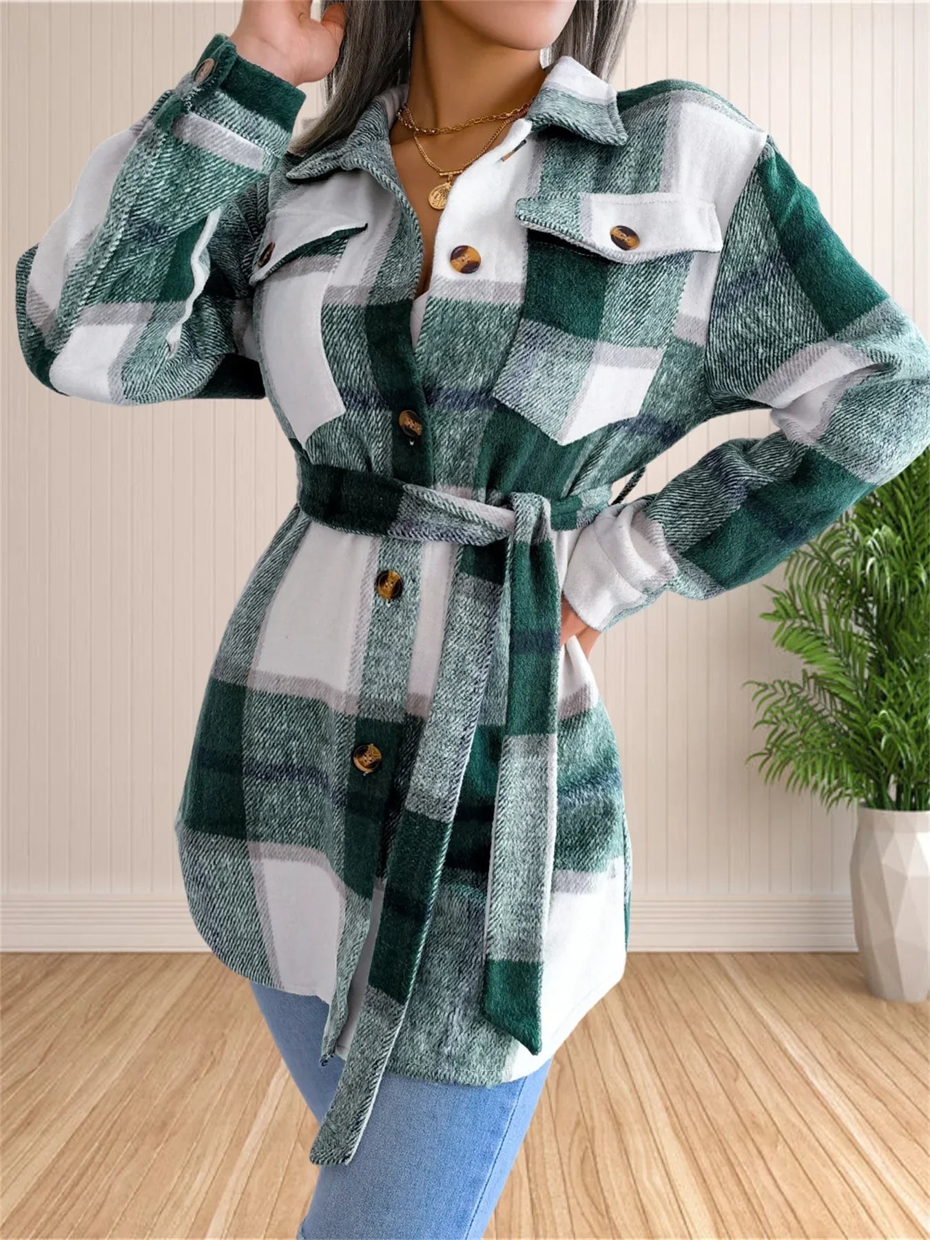 Chaqueta Franela Cuadros Cinturón Mujer Abrigada