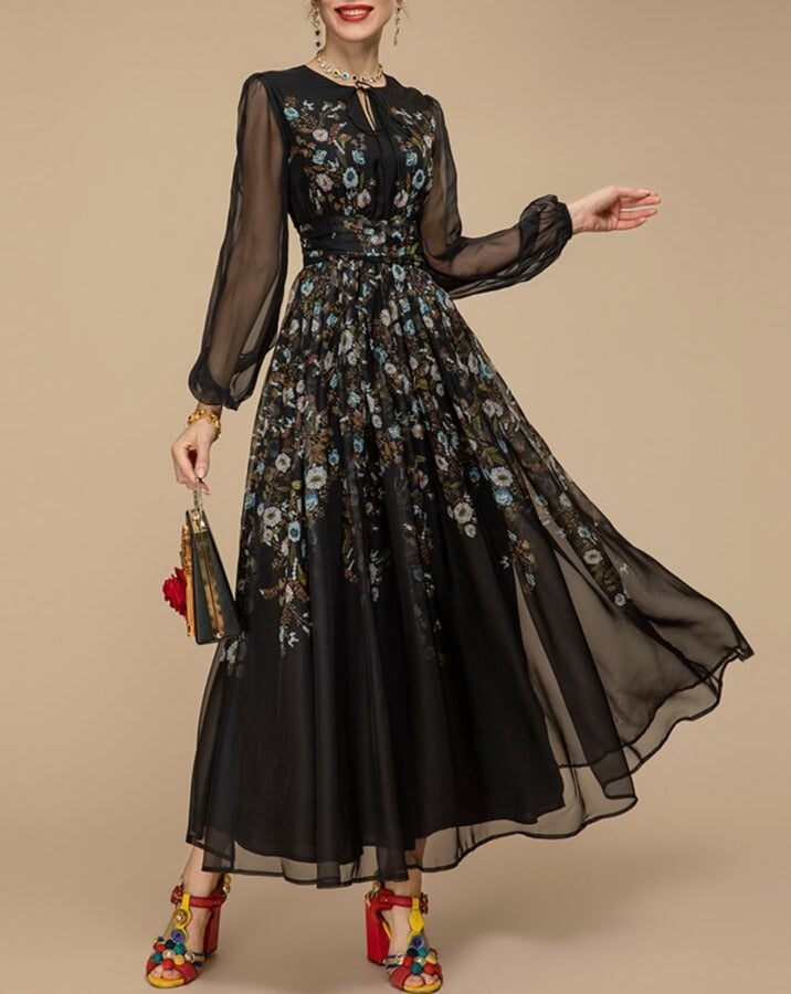 Vestido Largo Negro Floral Elegante - Vestiria