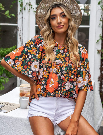 Blusa Flor de Mujer con Mangas Cortas
