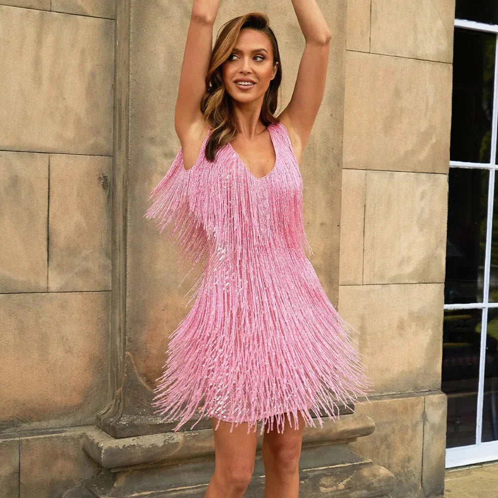 Vestido Fiesta Glamuroso con Flecos y Plumas - Vestiria