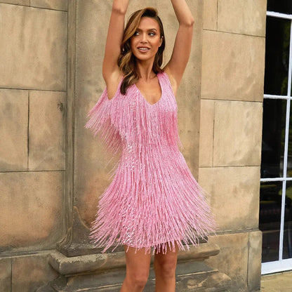 Vestido Fiesta Glamuroso con Flecos y Plumas - Vestiria