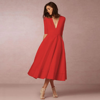 Vestido Mujer Midi Elegante con Mangas Cortas