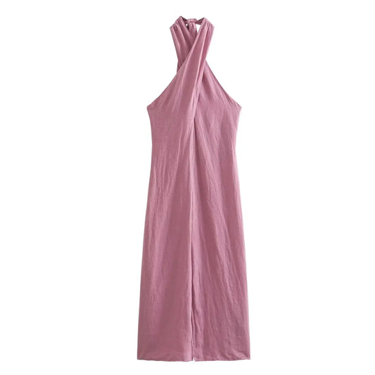 Vestido Lino Clásico con Cuello Alto - Vestiria