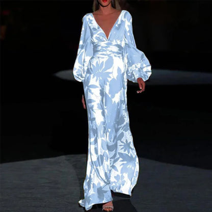 Vestido Largo de Noche con Mangas Largas y Escote en V - Vestiria