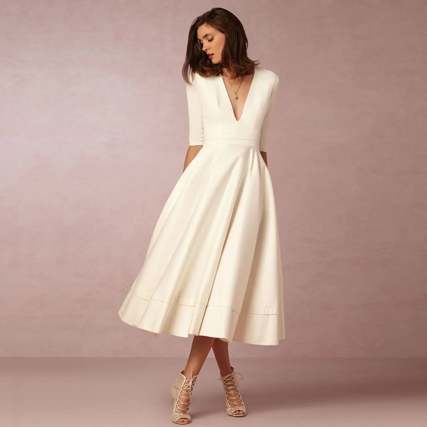 Vestido Mujer Midi Elegante con Mangas Cortas - Vestiria