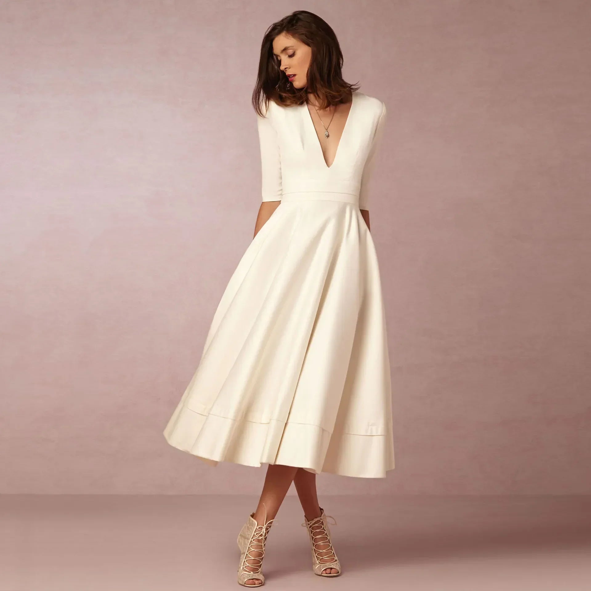 Vestido Mujer Midi Elegante con Mangas Cortas - Vestiria