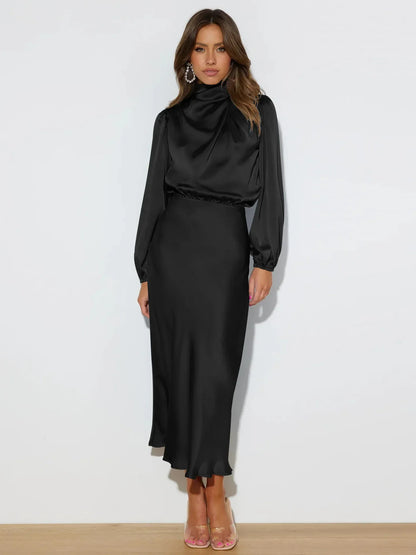 Vestido Mujer Midi Cuello Alto Elegante