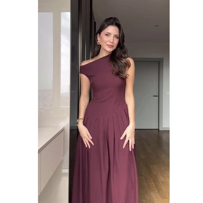 Vestido Elegante Mujer Falda Plisada Cuello Alto