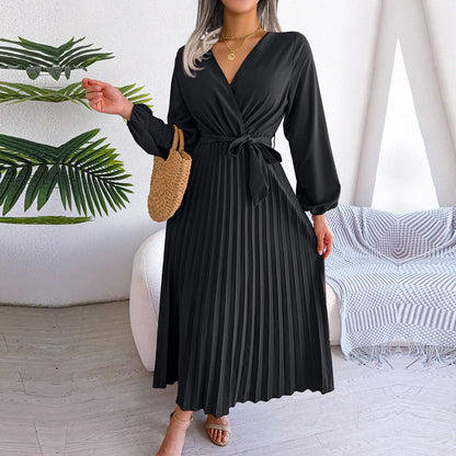 Vestido Largo Plisado Escote V Mujer Elegante