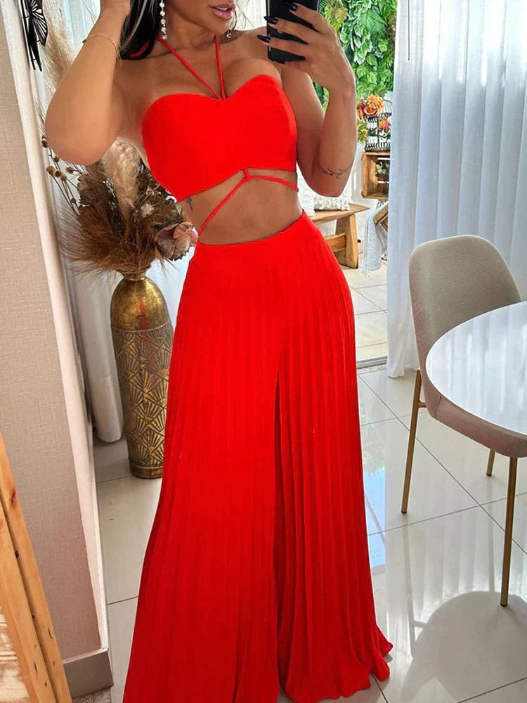 Top Rojo Apasionado con Pantalón Ancho Plisado - Vestiria