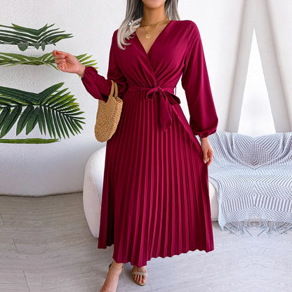 Vestido Largo Plisado Escote V Mujer Elegante - Vestiria