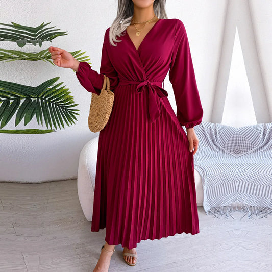Vestido Largo Plisado Escote V Mujer Elegante - Vestiria
