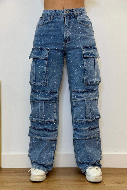 Pantalón Mujer Cargo Brillante con Bolsillos