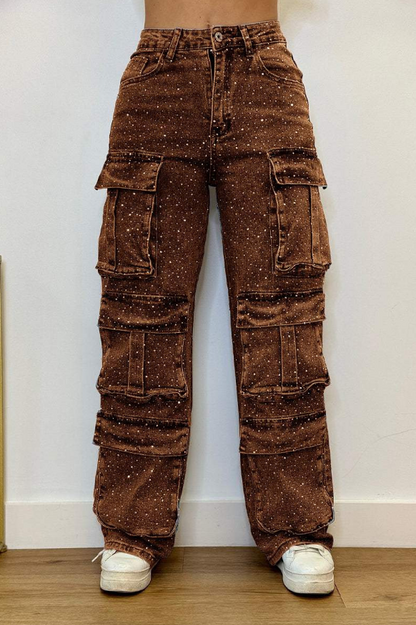 Pantalón Mujer Cargo Brillante con Bolsillos