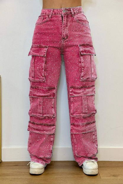 Pantalón Mujer Cargo Brillante con Bolsillos