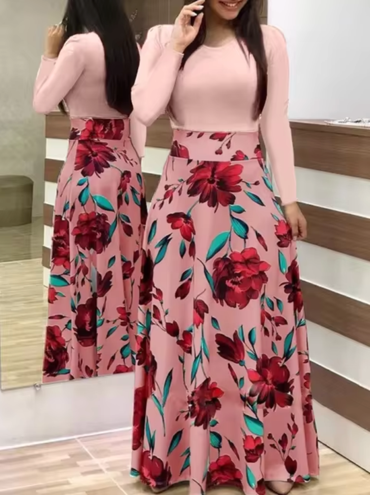 Vestido Floral Mujer Manga Larga Elegante