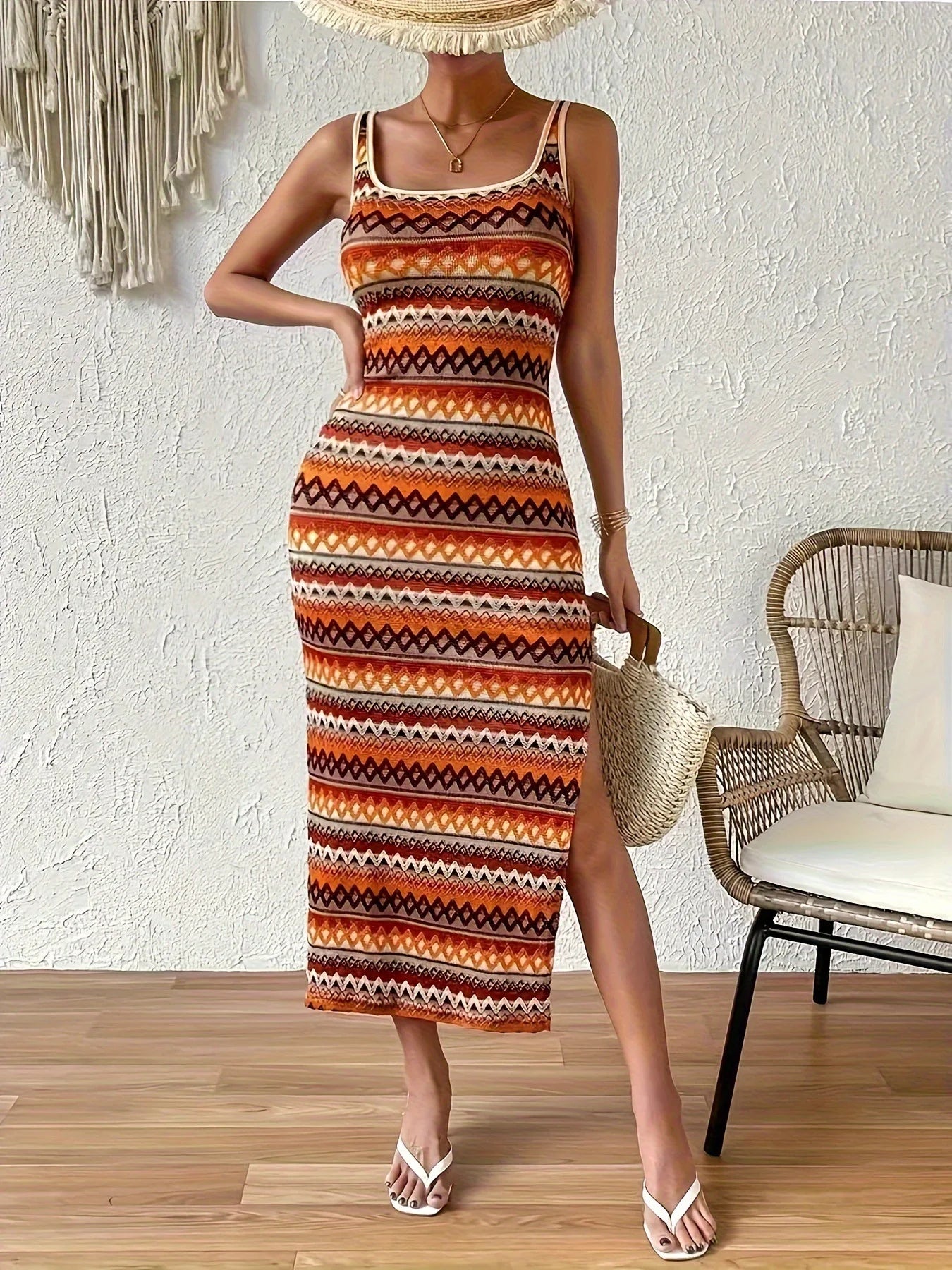Vestido Fiesta Estampado con Flecos