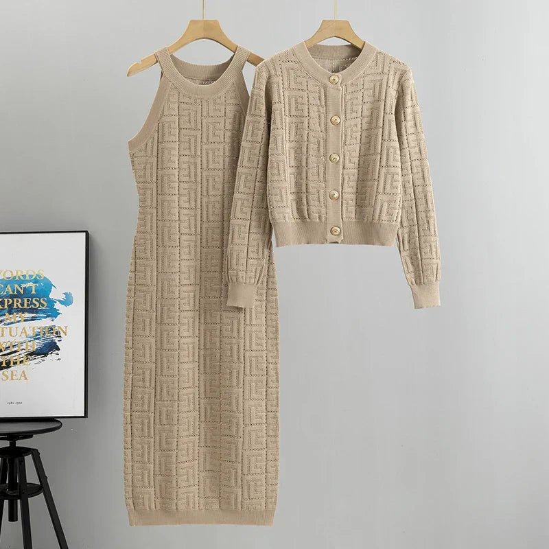 Vestido y Chaqueta de Punto Estampado Moderno