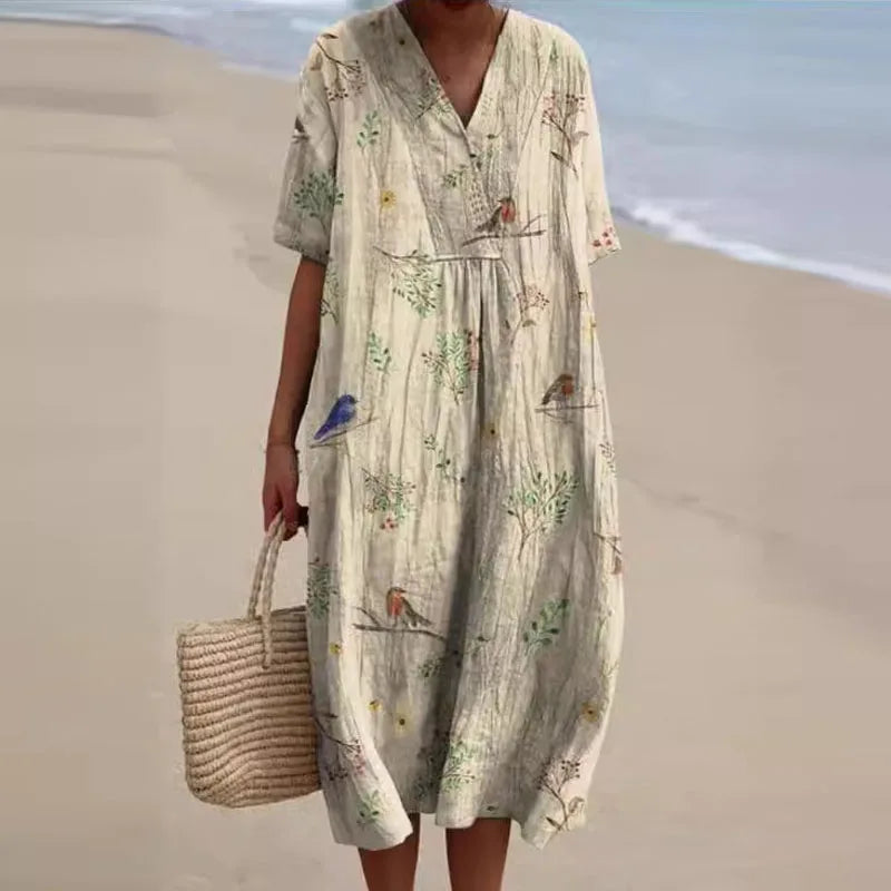 Vestido Florido Escote en V Feminino