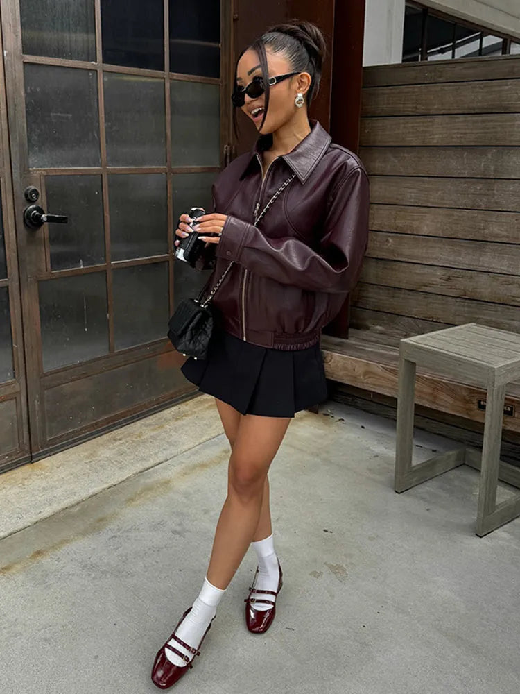Chaqueta Cuero Clásica Mujer Abrigo Cremallera - Vestiria