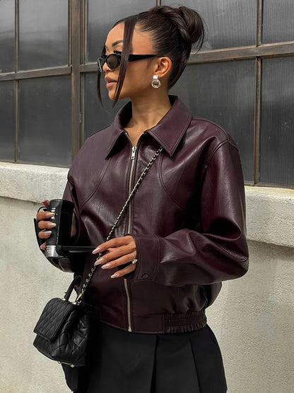 Chaqueta Cuero Clásica Mujer Abrigo Cremallera