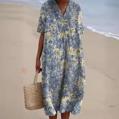 Vestido Florido Escote en V Feminino