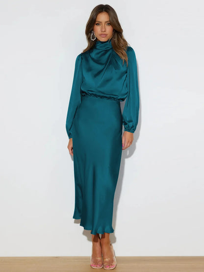 Vestido Mujer Midi Cuello Alto Elegante