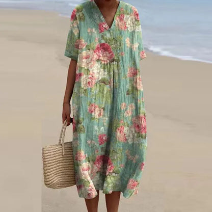 Vestido Florido Escote en V Feminino