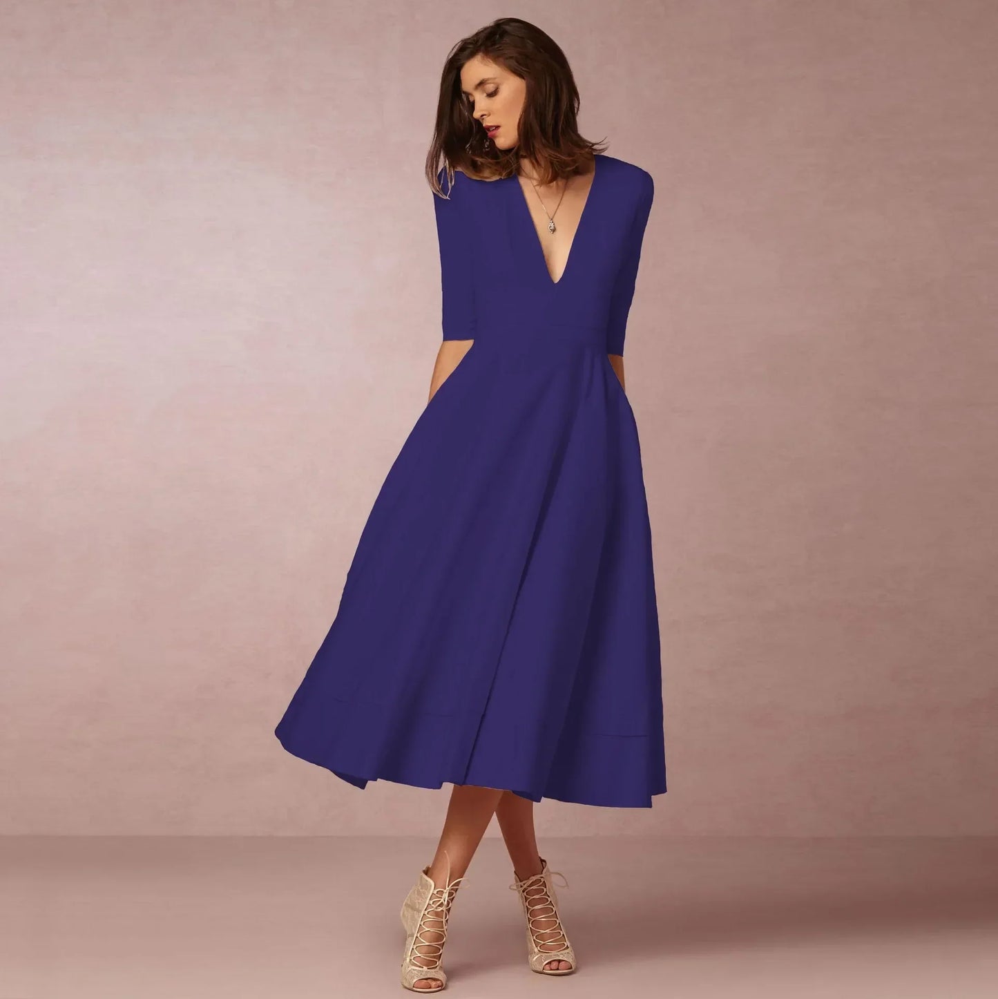 Vestido Mujer Midi Elegante con Mangas Cortas