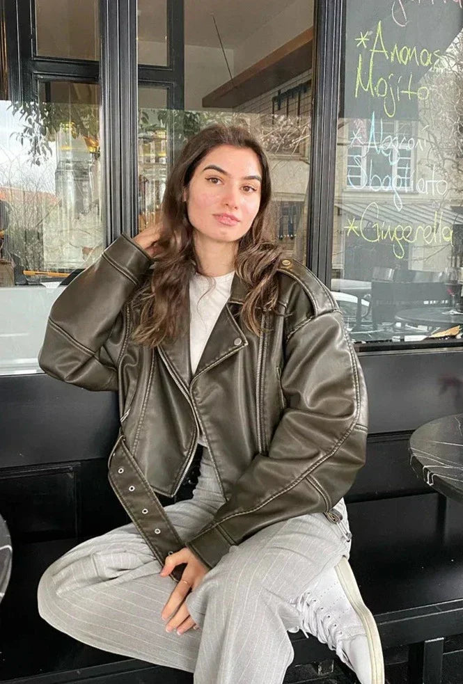 Chaquetón de cuero sintético ancho con cinturón para mujer - Vestiria