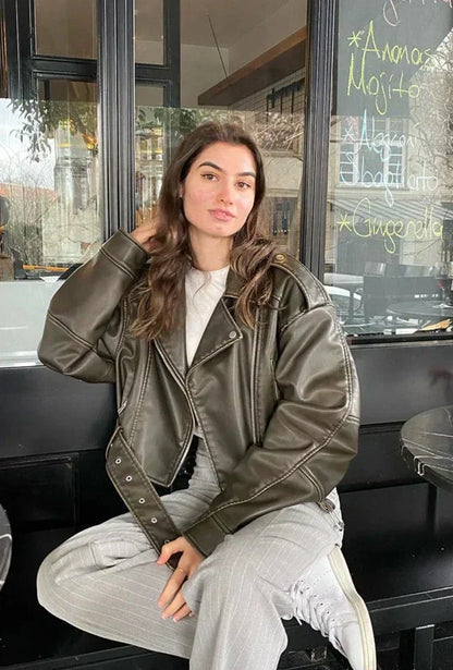 Chaquetón de cuero sintético ancho con cinturón para mujer - Vestiria
