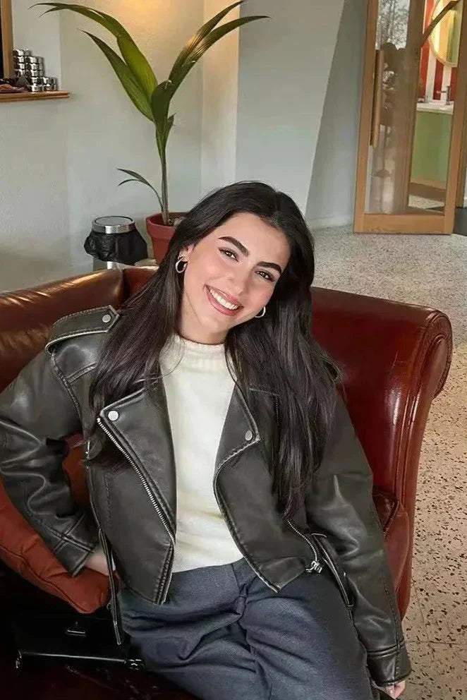 Chaquetón de cuero sintético ancho con cinturón para mujer