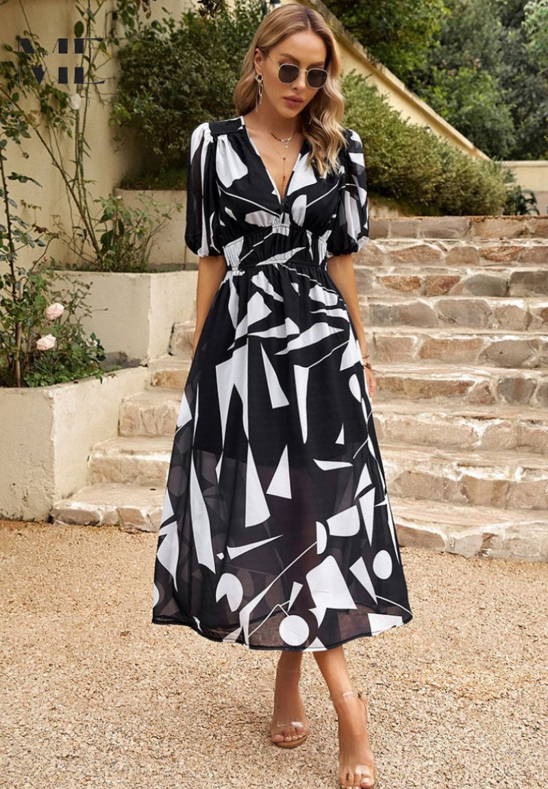 Vestido Mujer Midi Elegante Escote V