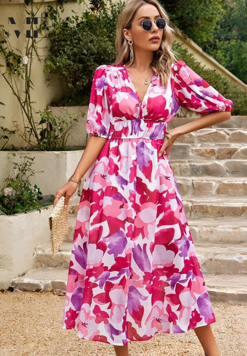 Vestido Mujer Midi Elegante Escote V