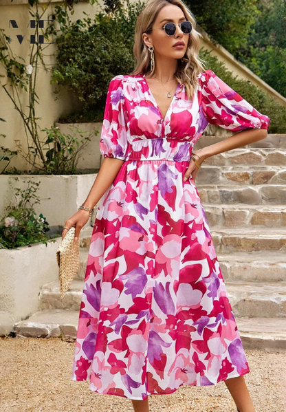 Vestido Mujer Midi Elegante Escote V