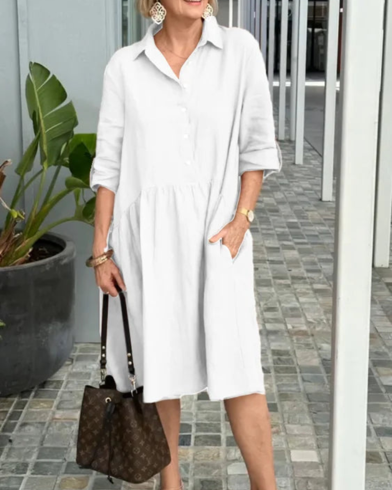 Vestido Midi Elegante Manga Corta Botones