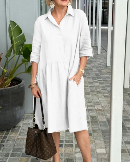 Vestido Midi Elegante Manga Corta Botones